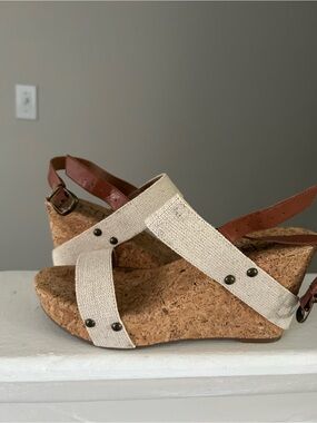 BCBG Cream Canvas and Brown Leather Cork Wedge Sandals